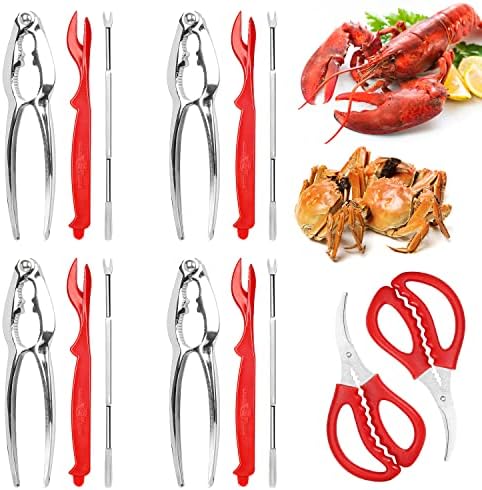 14 Piece Seafood Tools Crab Lobster Nut Cracker Set, includes 4 Stainless Steel Crab Cracker,4 Crab Leg Forks Pick, 4 Opener Shellfish Lobster Leg Sheller and 2 Seafood Scissors Kitchen Accessories