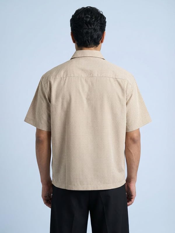 Image of FUGAZEE Sand Cotton Gingham Cropped Short Sleeve Shirt