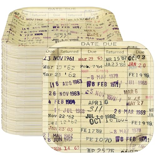 Crtiin 48 Pcs Due Date Card Book Club Vintage Plates Decorations Disposable Dinner Dessert Paper Plates for Library Reading Themed Table Decorations Dinnerware Party Supplies