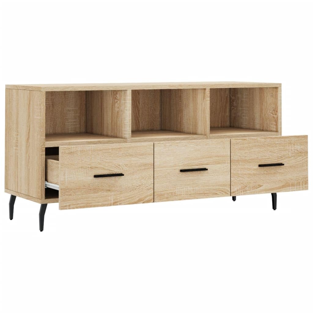 Szafka pod telewizor dąb Sonoma 102 x 36 x 50 cm, materiał drewnopochodny, wytrzymały mebel multimedialny z 3 szufladami, nowoczesny design do salonu, dużo miejsca do przechowywania