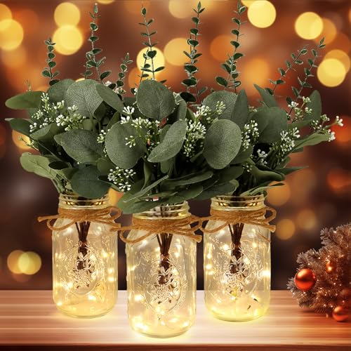 Set of 3 Mason Jar Lights, Plant Decorative Jars Vase Holiday Table Decor