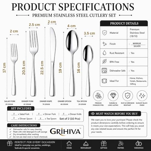 Image of 10 Pcs Silver Cutlery Set for Dining Table the Perfect Mirror Polish Hevy Duty Tableware Including Dinner Spoons, Dinner Forks, Dinner Knives, Dessert Spoons & Dessert Forks