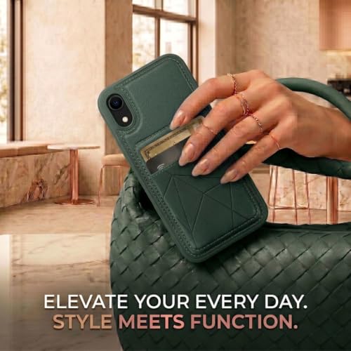 Image of amazon basics Premium Vegan Leather Back Cover with Card Holder and Integrated Mobile Stand for iPhone XR - Slim Shockproof Wallet Case with Geometric Stitching [Green]