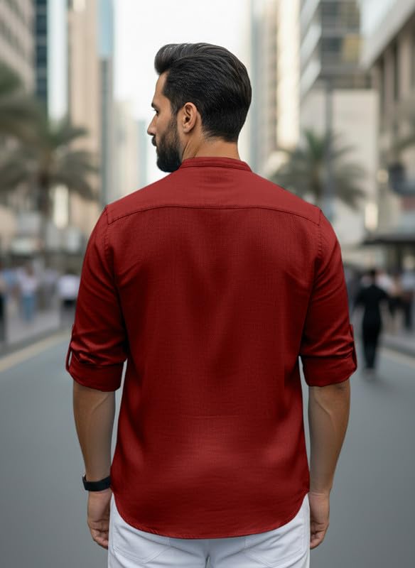 Image of Men Cotton Blend Mandarin Collar Casual Kurta Shirt | Roll-Up Sleeves | Regular Fit Ethnic Short Kurta for Daily