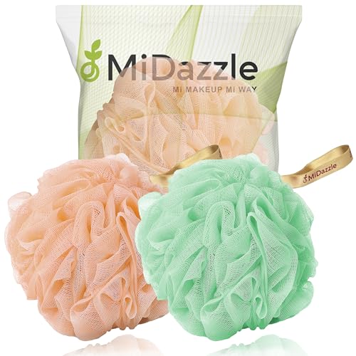 Image of Midazzle Luxury Bathing Loofah Sponge Exfoliator Scrubber for High Lather Cleansing (Large, 55g, Pack of 2, Orange & Green)