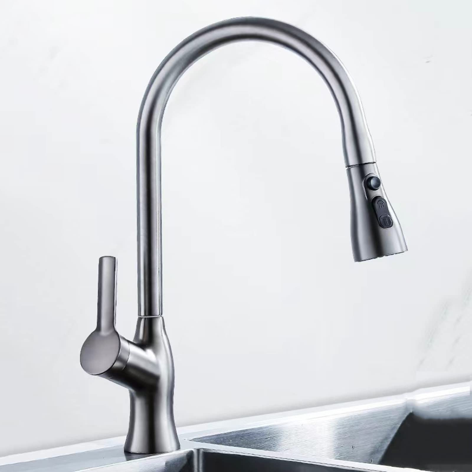 Grifo de cocina monomando gris con manguera extraíble y tres modos de agua