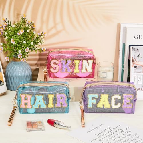 Amylove 3 Pcs Summer Preppy Makeup Bag Stuff Clear Cosmetic Preppy Bags Portable Cosmetic Summer Accessories for Teen Girls Women Gift Travel(Skin, Face, Hair) 7