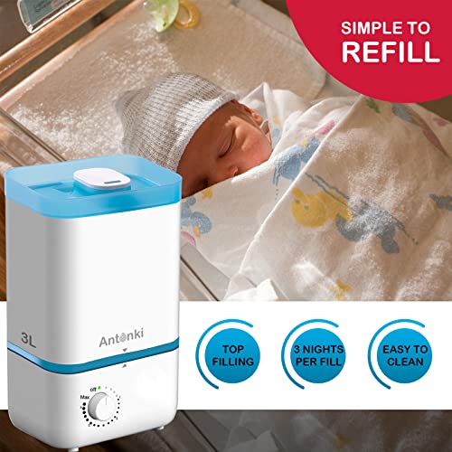 Antonki Humidifier For Bedroom, Top-Fill Ultrasonic Air Humidifiers For Baby, 3L Cool Mist Humidifier For Home, Single & Whole House, Small & Large Room, Kids Nursery, Office, Indoor Plants #TOP3