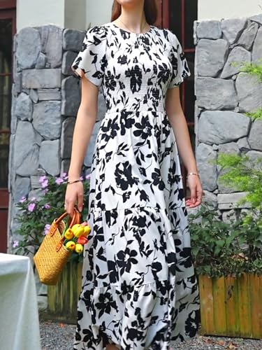 Image of PRETTYGARDEN Women's 2026 Summer Casual Flutter Short Sleeve Boho Floral Maxi Dress Crew Neck Smocked Tiered Long Dresses