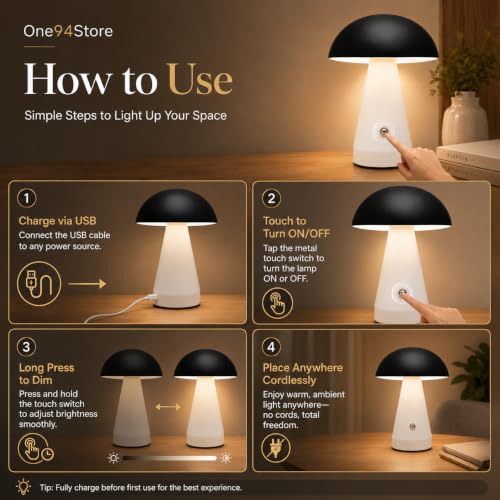 Image of One94Store Mushroom Table Lamp | Touch Control Dimmable Desk Lamp with Warm Light | USB Rechargeable Modern Bedside Lamp for Bedroom & Living Room