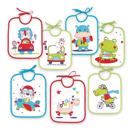 Ti TIN Pack 7 baberos bebé impermeables con rizo de algodón plastificado, forro de vinilo y cierre con cintas. Suaves, absorbentes y fáciles de lavar. Diseños divertidos.