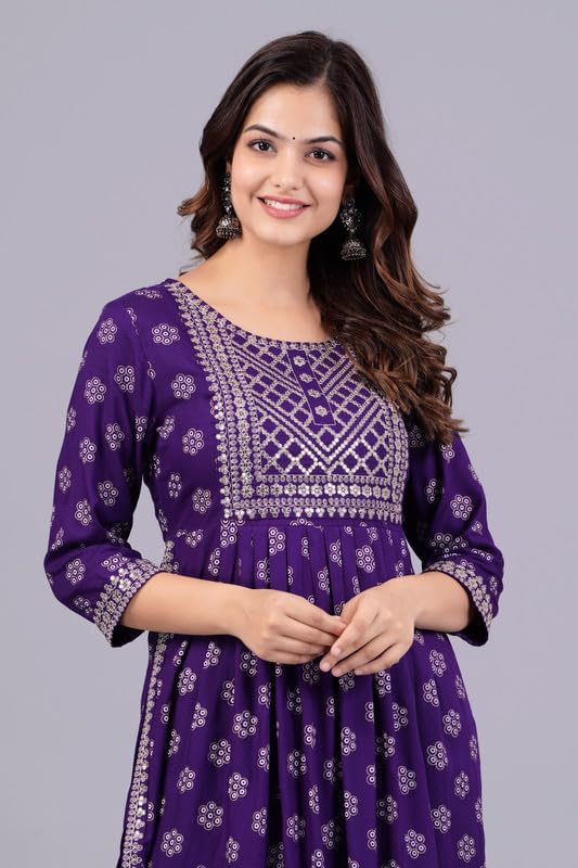 Image of NEW4U Women's Sequin Zari Embroidery Printed Naira Cut Kurti