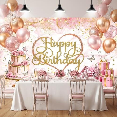 JAWO Rose Gold Glitter Happy Birthday Backdrop Banner for Women Girls Pink Balloons High Heels Theme Party Decorations Floral Rose Birthday Backdrop for Women Photography Background Supplies