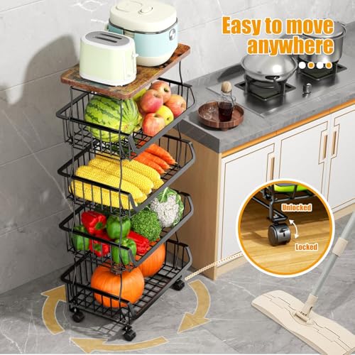 Image of Abja 5 Tier Vegetable Stand, Onion Potato Rack, Kitchen Trolley with Wheels, Metal & Wood Stand for Kitchen Storage Rack, Stackable Baskets (Black, Rustic Brown Top)