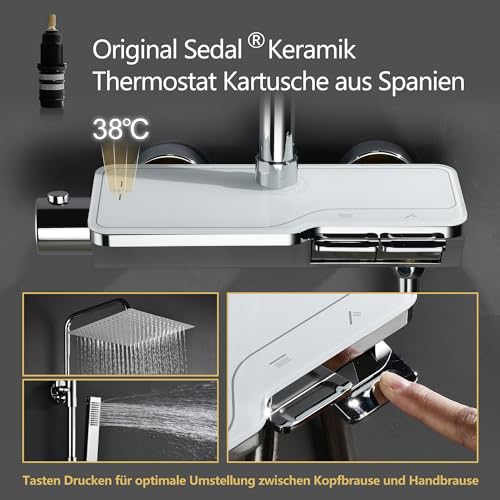 Görbach Edelstahl Duschset Regendusche Duschsystem mit Thermostat Mischbatterie, Verstellbarer Duschstange, Kopfbrause 30x30 cm Chrom – Ansicht 4