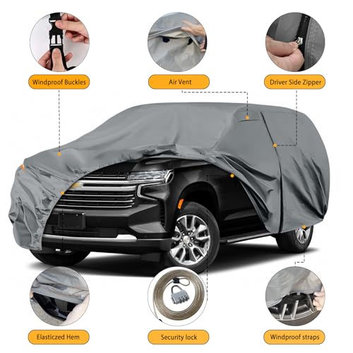 Image of Waterproof Premium Car Covers Replace for 2007-2025 Chevy Suburban /GMC Yukon XL /Cadillac Escalade ESV, 10 Layers Heavy Duty All Weather Car Cover with Zipper Door for Snow Rain Dust Protection