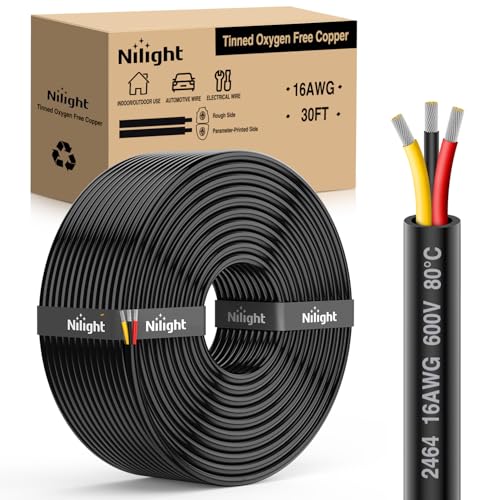 Image of Nilight 30FT 16AWG 3 Conductor Wire Tinned Copper Red Black Yellow | 3 Electrical Wire Tinned Oxygen Free Copper Parallel 600V DC Flexible PVC Case Extension Cords for LED Strip Lamp Lighting