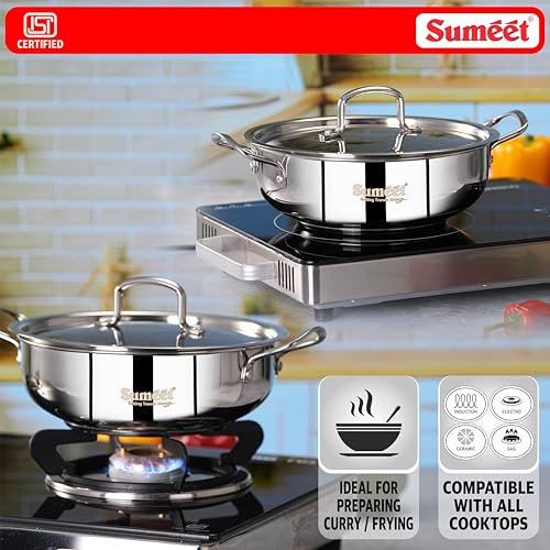 Image of Sumeet ISI Certified Stainless Steel Kadai with Steel Lid & Encapsulated Heavy Bottom |Induction and Gas Compatible | 1.9Ltr Capacity - 22cm Dia, Silver