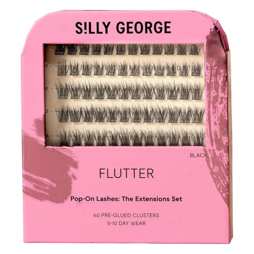 Silly George Pop-On Lashes - DIY 1-Step Pre-Glued Faux Eyelash Clusters Natural Look Extensions Black - Flutter 5-7 Pair Set Pack of 60 Clusters