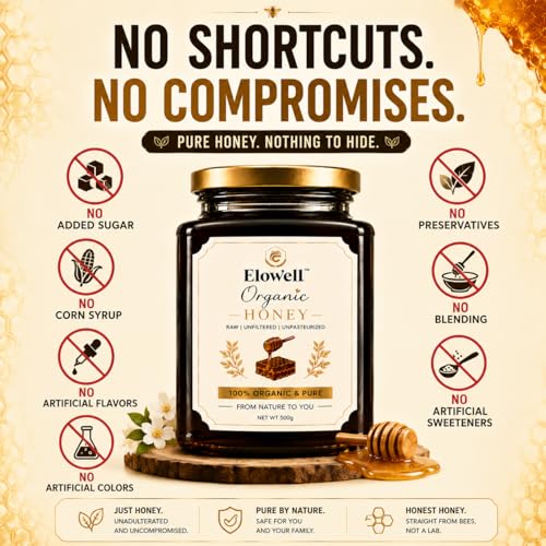 Image of ELOWELL Raw Organic Honey (500g) - Pure Honey, Unprocessed, 100% Natural | Own Farm Sourced | Natural Ingredients | Antioxidants | Supports Immunity | No Added Sugar | Premium Storage | Daily Wellness