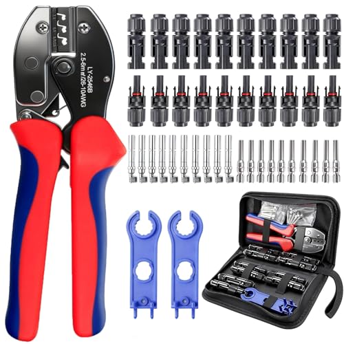 ZQEJEFD Outils de Sertissage Solaires pour câbles PV de 2,5/4/6 mm²,avec 1 Pince à Sertir,10 Paires connecteurs de câble,10 Paires de Connecteurs Mâle/Femelle et 2 Clé,pour Câble PV de Panneau Solaire