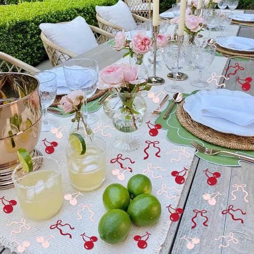 Image of 200Pcs Double-sided Pink Bows & Red Cherry Confetti Cherry Fruit Table Confetti Bow Table Decorations for Baby Shower Girls Birthday Engagement Bachelorette Party Decoration Party Confetti Supplies