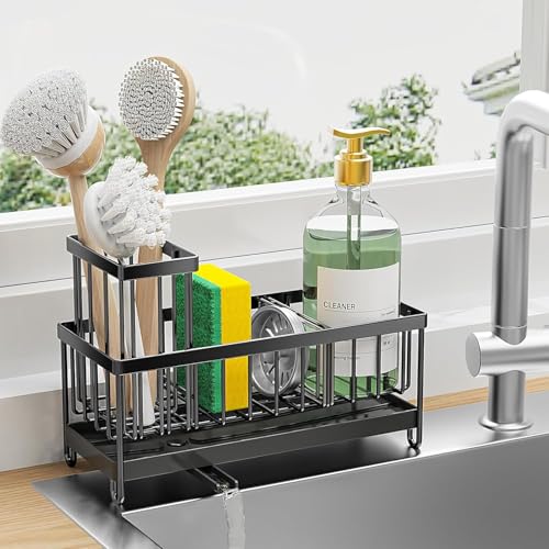 KESHAVAM Sink organizer, Metal Sponge Holder Kitchen Sink | Auto-Draining Sink Storage | Organizer soap tray, dishwashing brush holder, kitchen storage rack (Black)