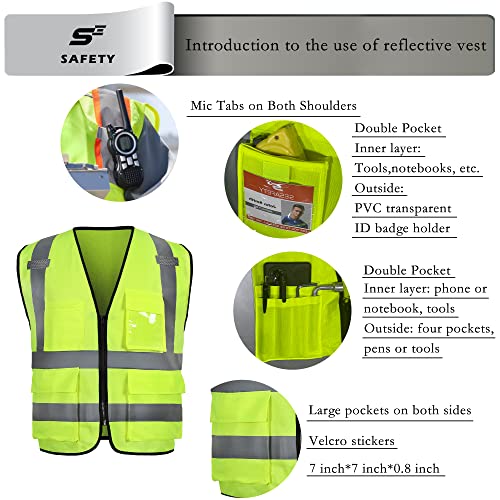 Sesafety Reflective Safety Vest With Pockets And Zipper, High Visibility Construction Vest, Hi Vis Vest, Ansi Class 2, Yellow, L #TOP3