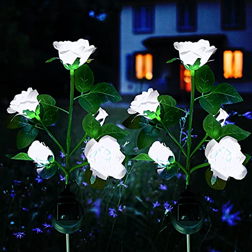 XVZ Solar Flower Outdoor Garden Lights,2 Packs Solar Garden Stake Lamps with 10 Rose Flower Waterproof Decorative Lights for Lawm Patio Yard Pathway Party Decoration(White)