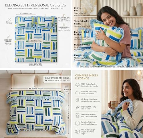 Image of SANMARINO Premium Cotton Double Bed 4 Piece Bedding Set with Frill Border | Comforter with Matching Bedsheet and Pillow | Ultra Soft & Lightweight Quilted Comforter Set |228x228 cm, Ocean Grid Blue