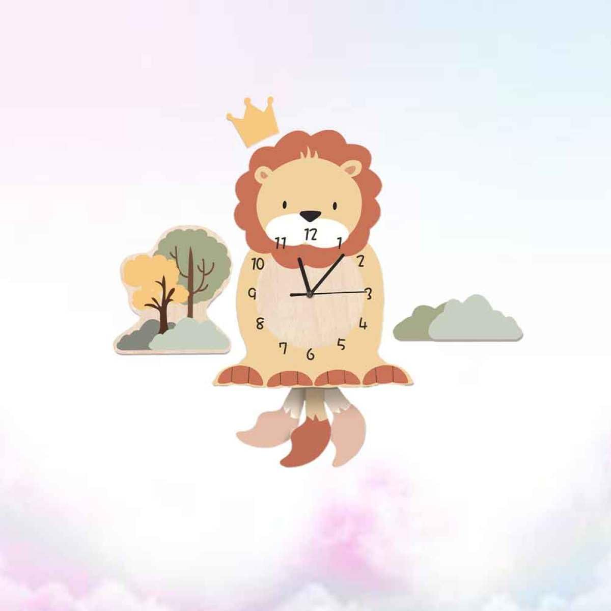 Lurrose Kinderzimmer Wanduhr mit Löwenmotiv Kreative Holz PVC Uhr Dekorative Wandzeitanzeige für Kindergarten und Lernumgebung Einfache Befestigung