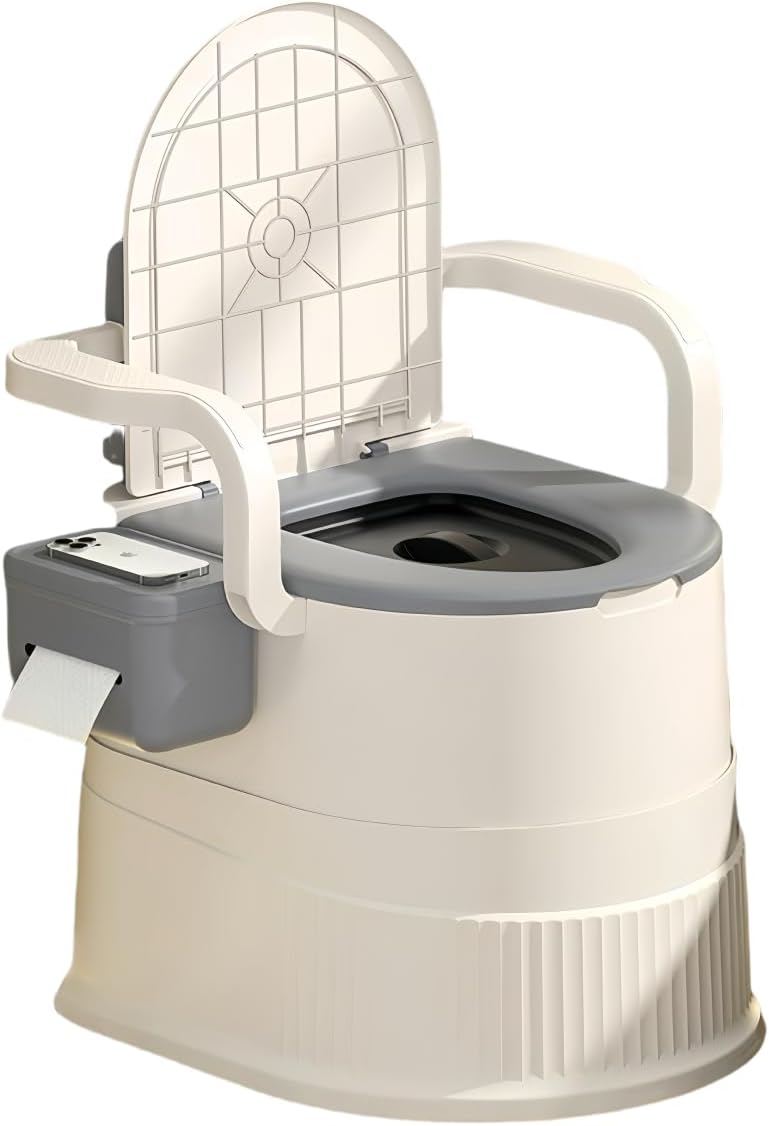 Portable toilet seat with armrests, with lid, with tissue holder, with seat function, robust, easy to clean, no power connection required, suitable for indoor and outdoor use (Gray)