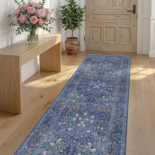 Dark Blue 2'6" x 8' Runners for Hallways Non Slip, Extra Long Floor Runner for Kitchen, Entryway Indoor, Washable Rubber Backing Stain Resistant - Vintage Navy Blue Floral Décor by Hazo Haus - Used condition - US$37.59