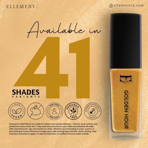 Image of Ellement Co Golden Hour Nail Polish 10 ML | Metallic Gold Nail Colour | High Gloss Salon Finish | Quick Dry Smooth Application | Long Lasting Chip Resistant Wear | Ideal for Festive, Wedding, Party & Elegant Everyday Styling