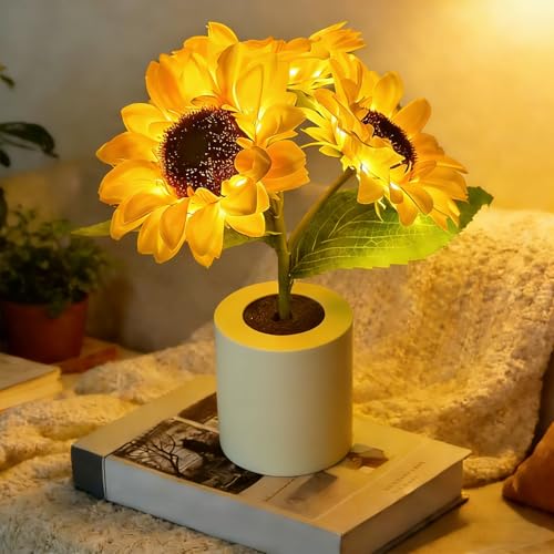 Sunflower Lamp LED Artificial Sunflower Table Lamp with Warm White Light Decorative Flower Night Light for Bedroom Living Room Office Desk Home Decoration Gift for Women Three Flowers (1)