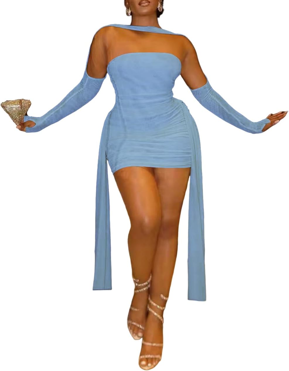 Sexy Strapless Tube Top Mesh Mini Dress for Women Bodycon Ruched Ribbons Birthday Date Night Dresses