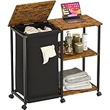 Furnulem Wood Laundry Shelf with Hamper, Laundry Baskert Organizer with Lid & Wheels, Removable Clothes Hamper Bag with Side Shelves for Bathroom, Bedroom,Laundry Room