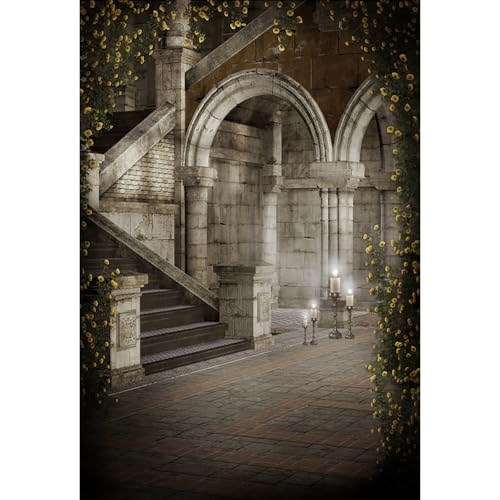 YongFoto 1,8x2,5m Castillo Medieval Telón de Fondo Antiguo Castillo Interior Misterio Piedra Arco Escalera Velas Flores Retro Castillo de Princesa Fondo para Boda Vampírica Adultos Niños Fondo