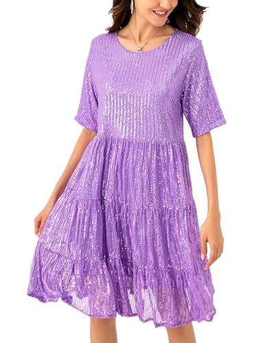 Image of Sequin Babydoll Summer Dress,Sparkly Glitter Dress Short Flowy Tiered Tunic Dress for Women Party Club Night