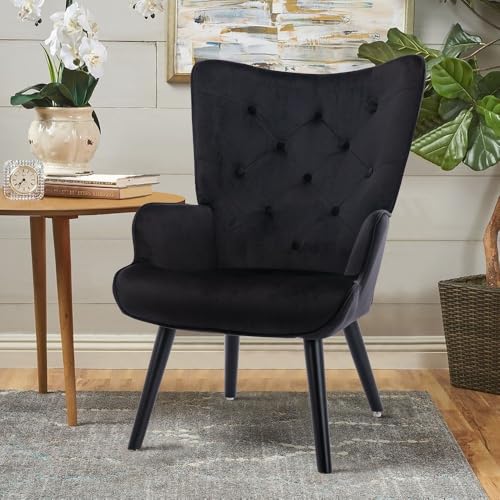 Image of Velvet Wingback Accent Chair for Living Room | Luxury High Back Tufted Armchair with Glossy Metal Legs | Modern Velvet Upholstered Lounge Chair for Home & Office | 1 Pc (Black)