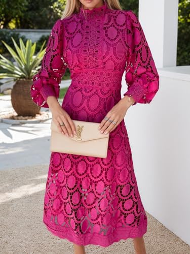 TIAFORD Women's Fall Lace Embroidered Eyelet Dress Party Puff Long Sleeve Hollow Out A Line Midi Dresses for Women2