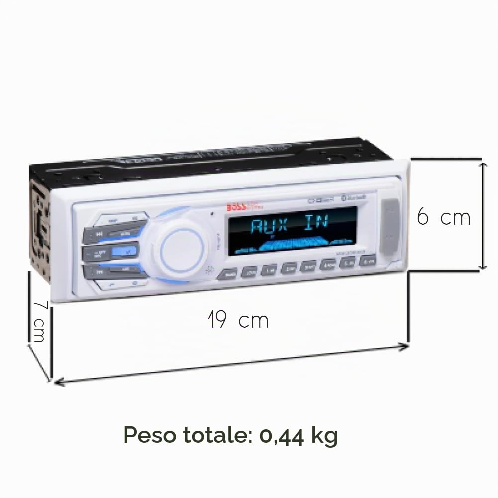 KIT SET PER BOSS AUDIO SYSTEMS MR1308UAB, autoradio 1 din, digital media, ricevitore am/fm, stereo, aux/usb/mp3, con bluetooth, marino, per barca, gommone, 1 pezzo + accessori omaggio