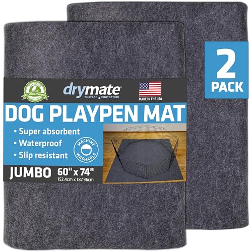 Image of Drymate 2-Pack Jumbo Dog Playpen Mat (60x74), Absorbent, Waterproof, Slip-Resistant, Machine Washable, Reusable Puppy Pad for Training, Whelping, Housebreaking, Incontinence, Crate, Kennel (USA Made)