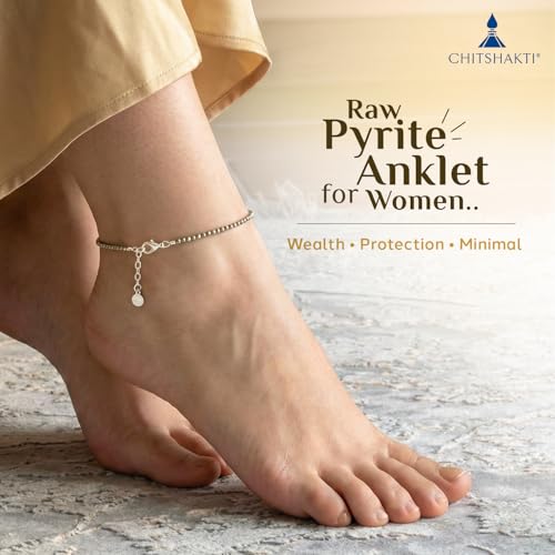 Image of Chitshakti Original Certified Pyrite Anklet - 2mm | Raw Natural Pyrite Stone Payal for Wealth, Luck & Protection | Money Magnet Crystal Anklet | Spiritual Healing Jewellery Gift for Women