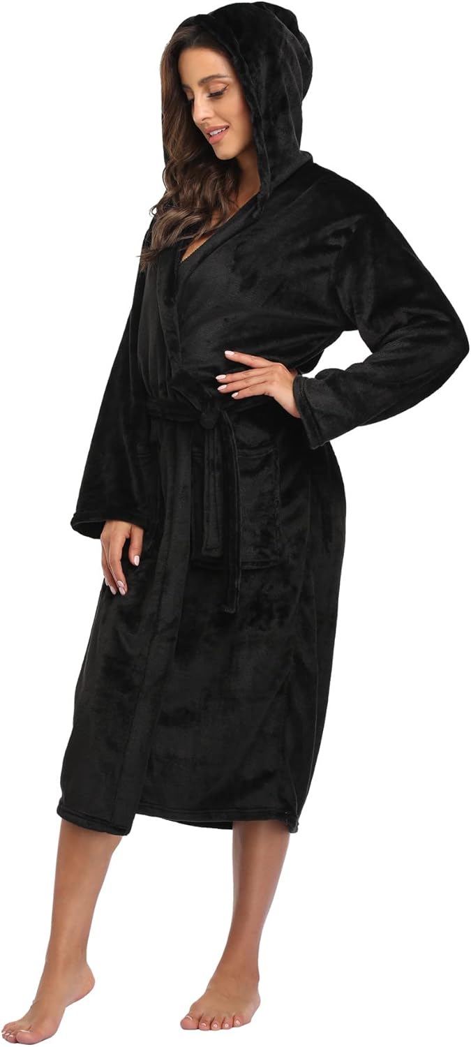 Super Shopping-zone Women's Plush Hooded Bathrobe Winter Warm Robes Soft Fleece Long Robe Luxury Dressing Gown - Image 4