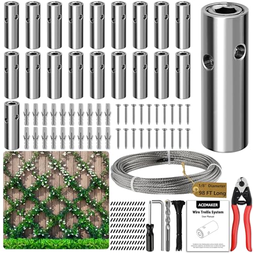 Acemaker Wire Trellis for Climbing Plants Outdoor, 20-Set Wall Wire Trellis Kit with 1/8in x 98ft Stainless Steel Cable & Cutter, T316 Cylindrical Espalier System for Fence and Garden DIY Projects