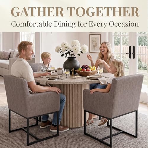 Image of HNY Mid Century Modern Upholstered Dining Chairs with Arms Set of 4, Faux Leather Accent Chairs with Black Finish Metal Grey pu black Frame set of 4