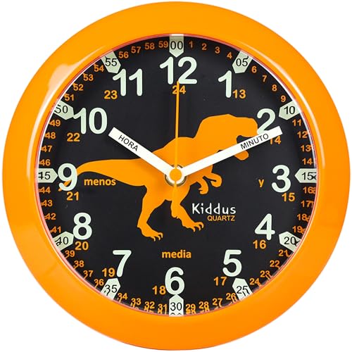 KIDDUS Orologio da Parete Didattico per Bambini, Ragazzi. Analogico. Con Esercizi per Imparare a Leggere l’Ora. Movimento al Quarzo Silenzioso. ESPAÑOL DINO