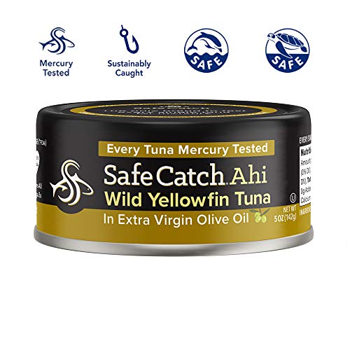 Image of Safe Catch Wild Ahi Yellowfin Tuna Fish Canned, Wild Caught, Lowest Mercury, Lean Protein, Omega 3, Gluten-Free, Kosher, in Extra Virgin Olive Oil, Pack of 6