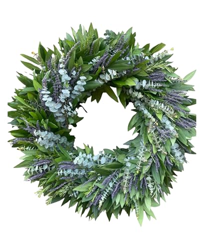 Fresh Aromatic Bay Leaf Rosemary Dried Lavender Eucalyptus Wreath — Front Door| Aroma | Home Decor | Handcrafted | Gift | Spring| Valentines (24" Outer Diameter)